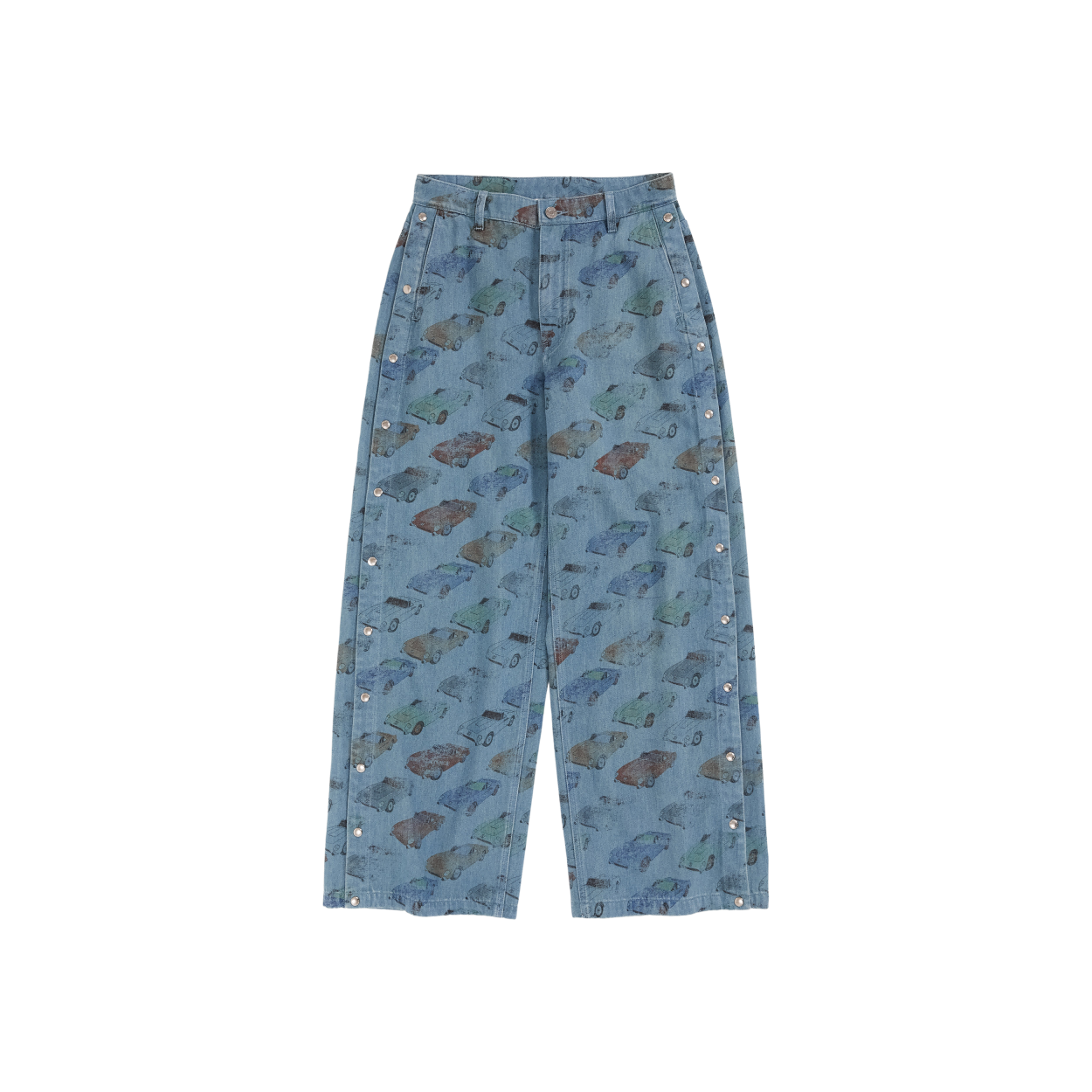 Car‑Print Snap Jeans