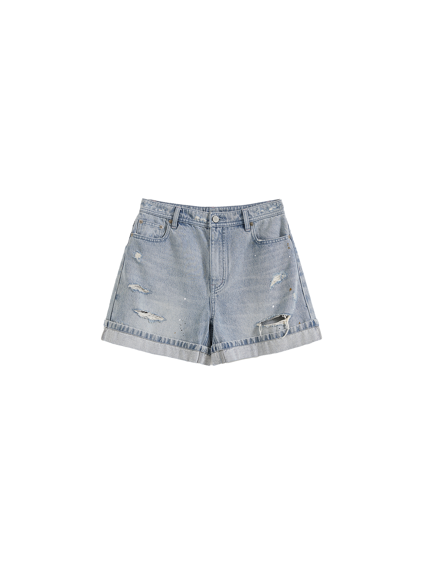 Wide-Leg Ripped Paint Splatter Denim Shorts