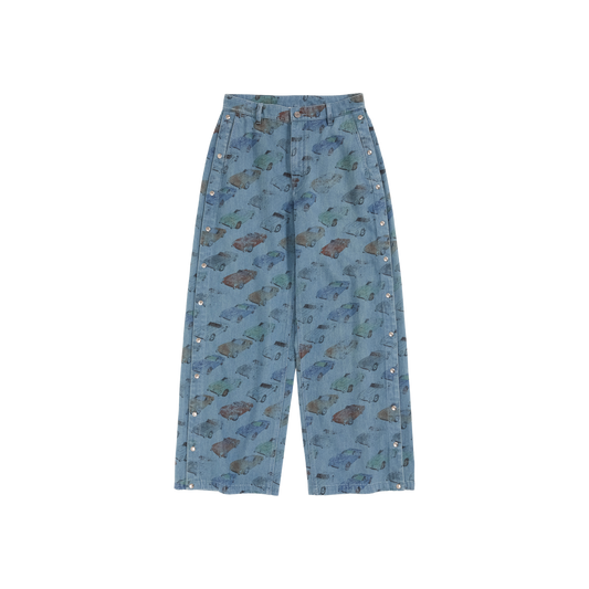 Car‑Print Snap Jeans