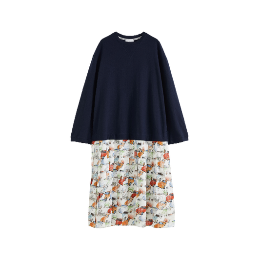 Car‑Print Paneled Dress