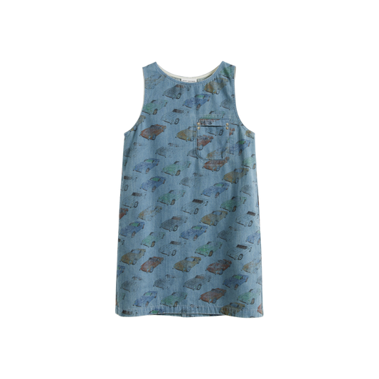 Car‑Print Denim Dress