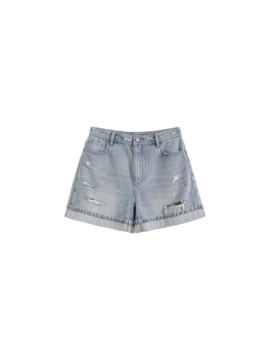 Wide-Leg Ripped Paint Splatter Denim Shorts