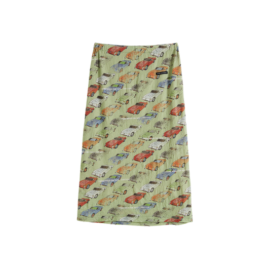 Crinkled Car‑Print Skirt