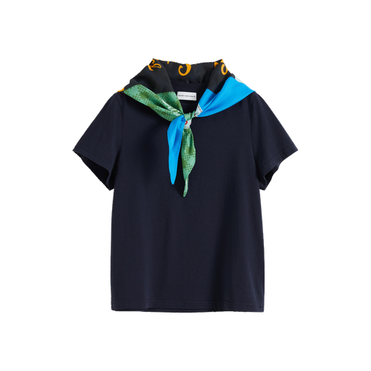 Printed Scarf Collar Fitted T-shirt
